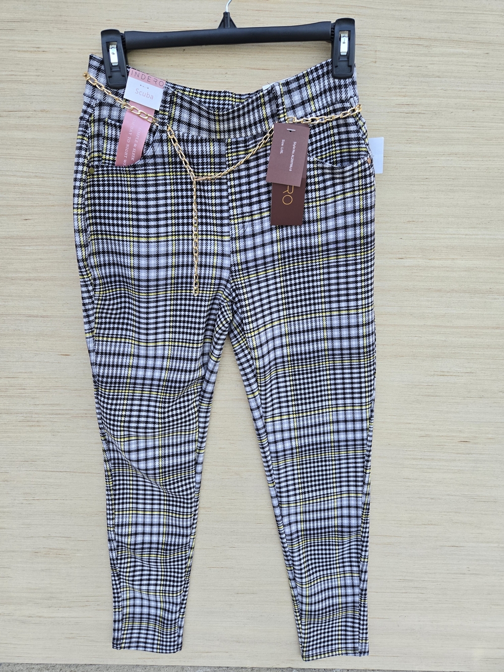 Plaid Stretch Slim Fit Pants - Black & White with Yellow Accent
